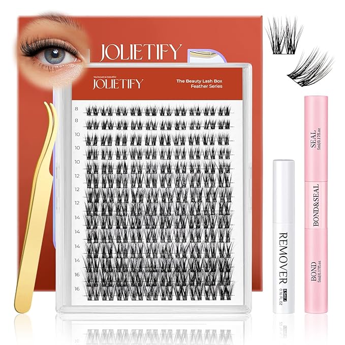 JOLIETIFY DIY Lash Extension Kit, Medium Dense Volume, Faux Mink 8-16mm Cluster Lashes, Soft & Fluffy, Waterproof Bond & Seal, Reusable Individual Lashes with Tweezers & Remover, Easy for Beginners