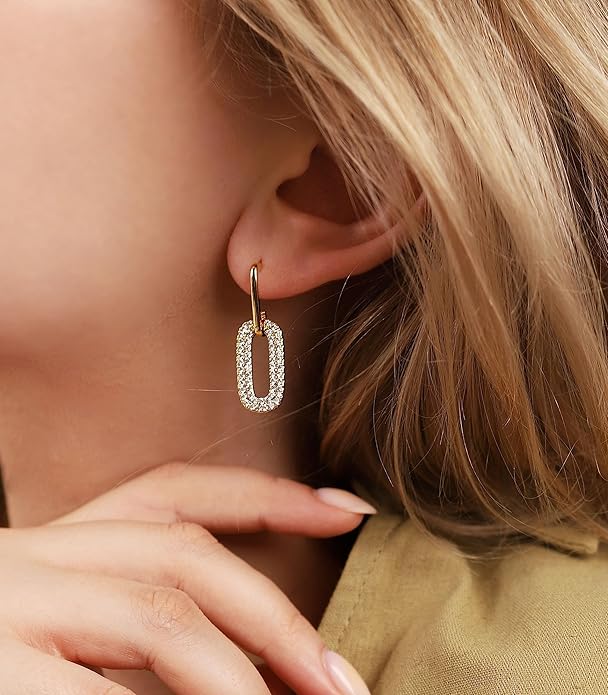 OZEL 14K Gold & Silver Plated Paperclip Chain Earrings with Cubic Zirconia – Dangle, Hoop, Huggie, Stud Styles – Women’s Fashion Jewelry Gift