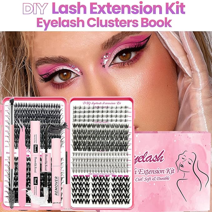 Qiveaory DIY Lash Extension Kit 584 Pcs Individual Lashes Clusters with Bottom Lashes Lash Bond and Seal,Eyelash Remover Tweezers Brush Eyelash Extension Set Lash Books DIY at Home