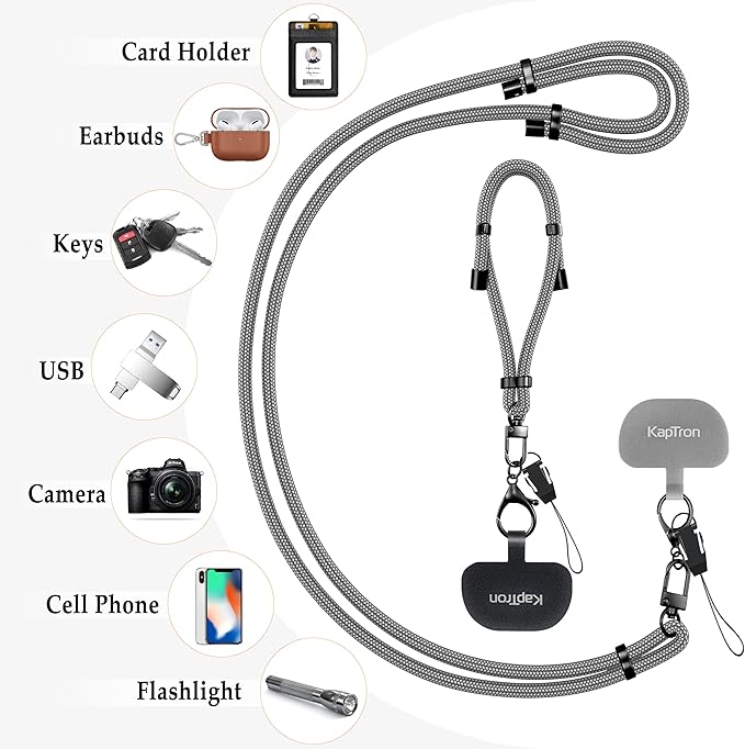 Kaptron 2Pcs Cell Phone Lanyard: Universal Adjustable Crossbody Phone Strap and Wrist Strap, with 2 Lobster Clips and 2 Tether Patches, Compatible with Most iPhone and Android Smartphones (Gray)