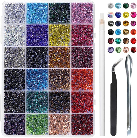 BEADSLAND Hotfix Rhinestones Mixed 24 Colors, SS6 Rhinestones for Crafts Clothes, Hotfix Crystals with 1 Tweezers, 1 Wax Pencil and 1 Spoon