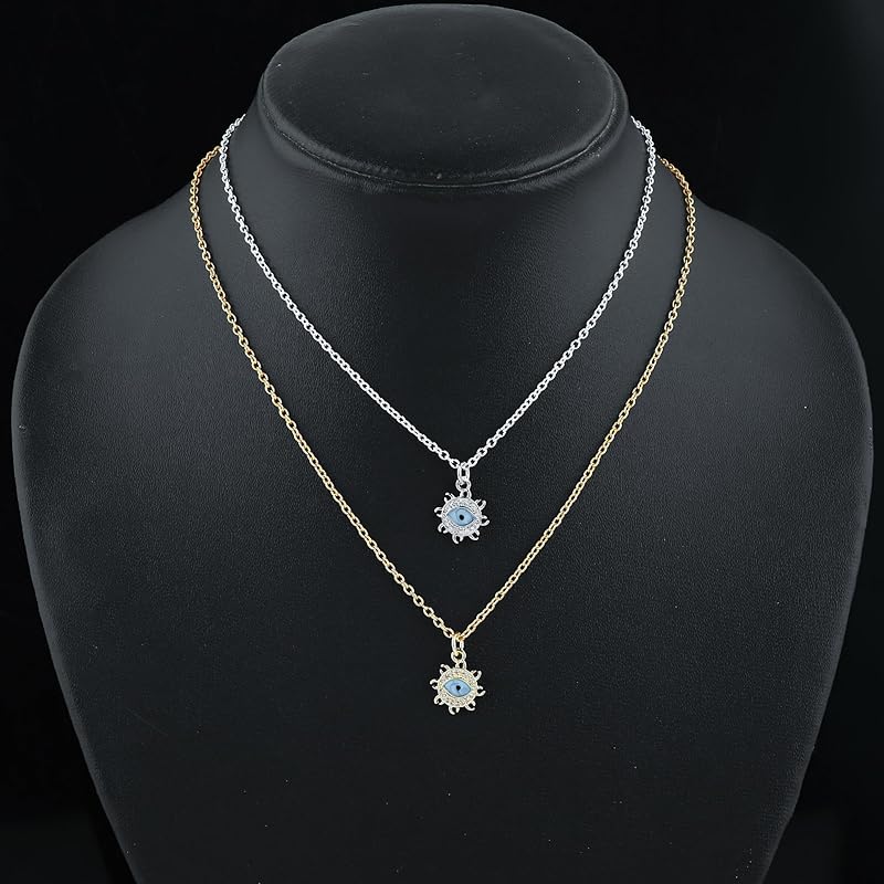 JOR Evil Eye Charm Pendant Necklace, Women Jewelry, Dainty Gold & Silver Plated Chain 18 inch (Pack of 2)