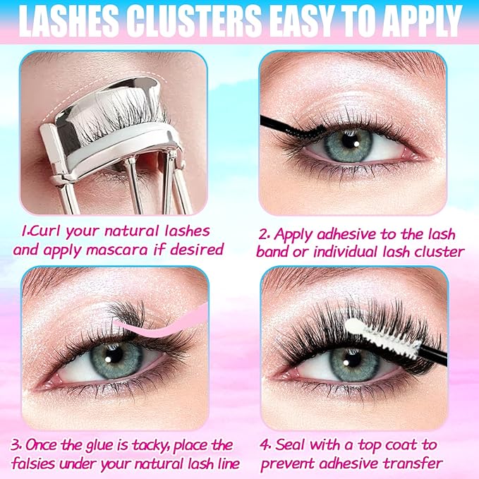 Lash Clusters Kit 576pcs, Natural Wispy DIY Eyelash Lashes Clusters Extensions Kit, 10-18mm D Curl with Lash Glue, Brush Tweezer and Remover