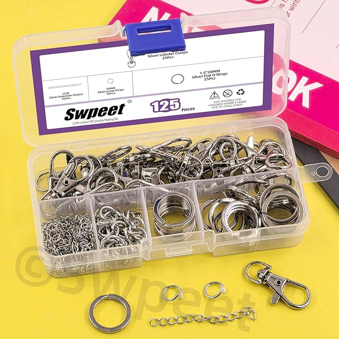 Swpeet 125Pcs Silver Keychain Making Set, 25Pcs Swivel Lanyard Snap Hook, 25Pcs Keychain Ring, 25P Extender Chains, 50P Open Jump Rings, Swivel Lobster Clasps, Keychains Clips