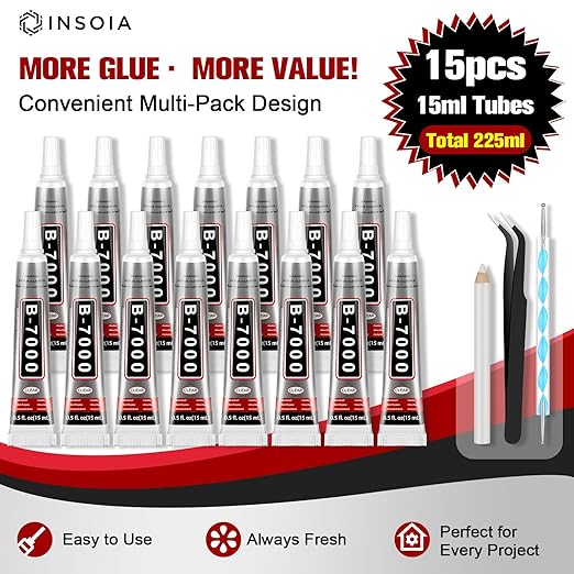 B7000 Rhinestone Glue Clear 15 PCS 15ml – Strong Transparent No Trace Jewelry Glue Kit with Precision Tip, Quick Dry Multi-Purpose Adhesive for Making Nail Makeup Fabric Shoes Craft Phone Repair