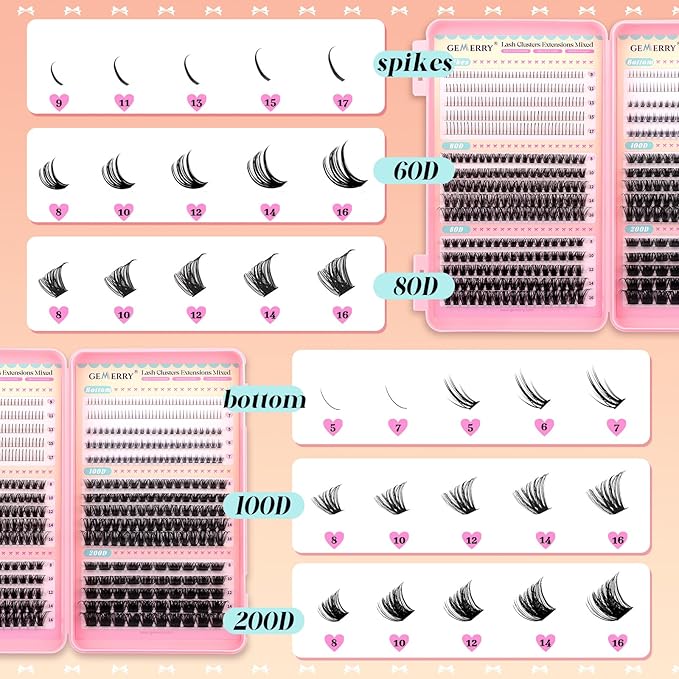 GEMERRY 4-in-1 Lash Clusters Spikes Clusters and 2 Styles Bottom Lashes 60D/80D/100D/200D Cluster Eyelash Extensions for DIY at Home(8-16mm)