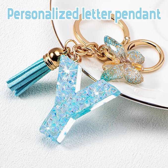 Initial letter Keychains for Women Girls Tassel Butterfly Cute Keychain for Wallet Backpack charm