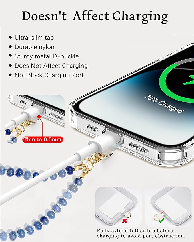 Marble Beaded Phone Wrist Strap,Detachable Phone Bracelet Strap with Tether Tab,Hands-Free Wristlet Strap (Blue Ink)