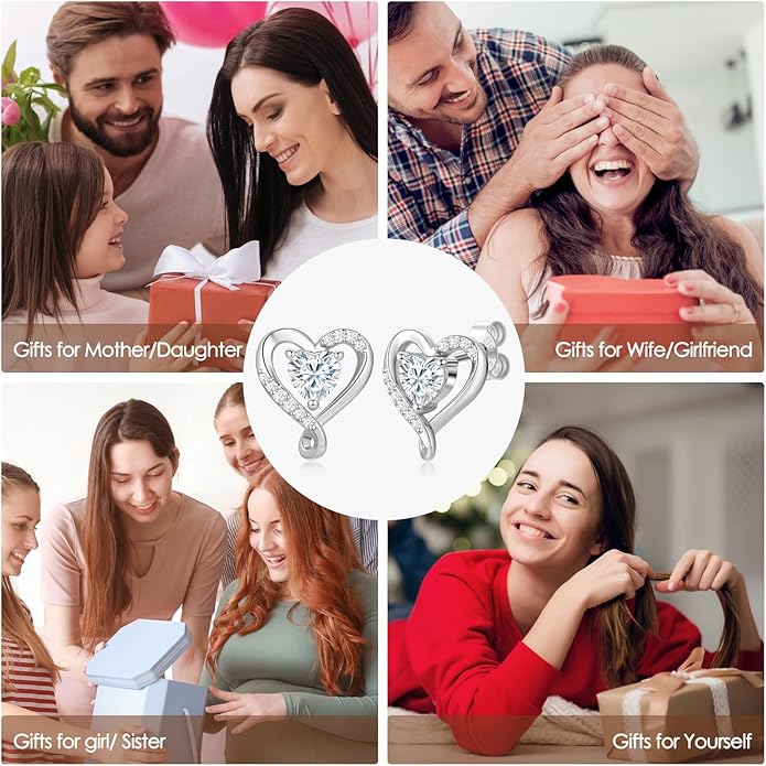 Zifeel Earrings for Women, S925 Sterling Silver Rose Gold Birthstone Heart Studs Earring for Girlfriend Wife, Anniversary Birthday Christmas Valentines Mothers Day Gifts Jewelry for Women Wife Her Mom