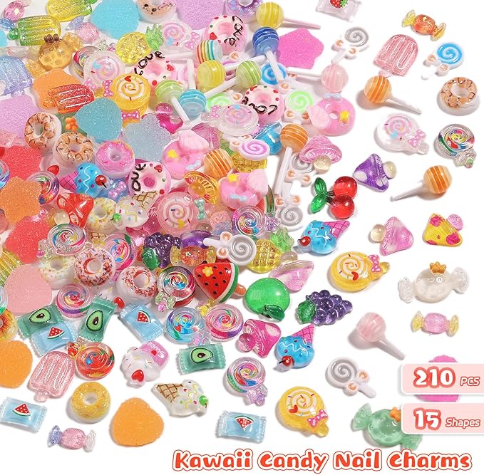 210PCS Kawaii Candy Nail Charms Kit: 3D Lollipop, Donut & Fruit Resin Charms for Acrylic Nails, Sweet Nail Art Supplies with Tweezers for DIY Crafts, Slime & Shoe Decor