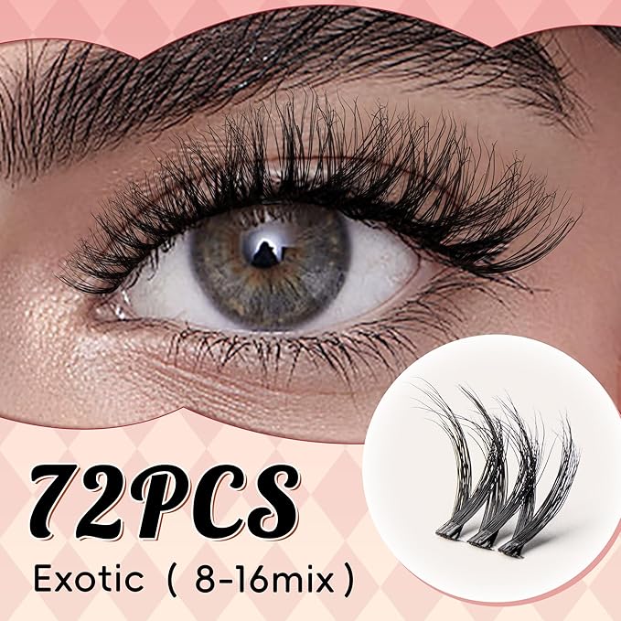 VYRILA Lash Clusters 0.05mm PBT Fiber Eyelash Clusters, 0.1mm Superfine Invisiband D Curl Diy Lash Extension, 72pcs 8-16mm Individual Lashes Clusters Like Eyelash Extensions (Exotic-D-8-16Mix)