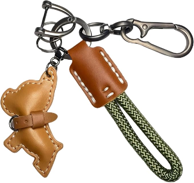 Handmade French Bulldog Keychain - Genuine Cowhide Leather & Braided Rope Car Key Fob Holder with D-Ring & Quick-Release, Cute Puppy Bag Charm Gift for Women Men (Brown Leather Green Rope)