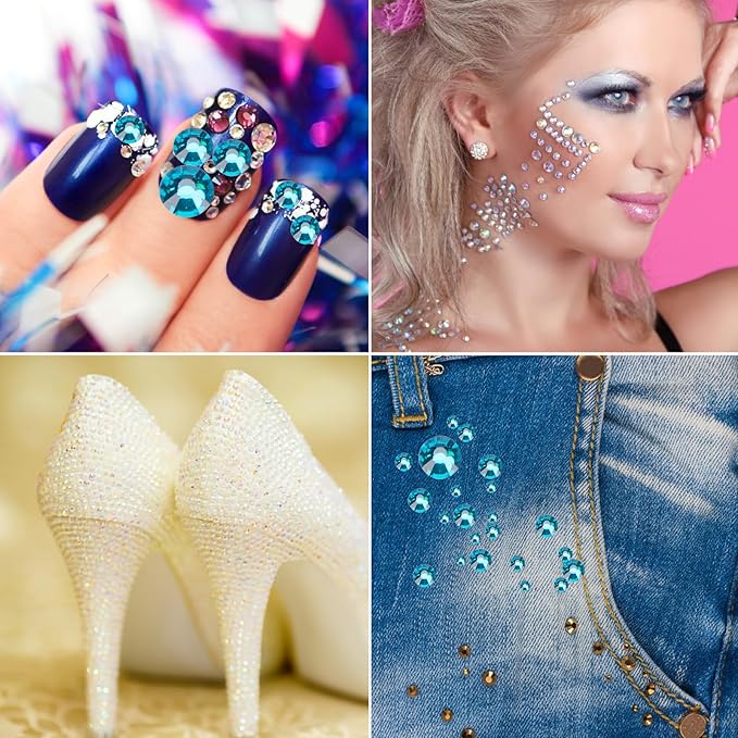 Glue Fix Crystal Flatback Rhinestones Glass Diamantes Gems for Crafting Nail Art Crafts Decorations Clothes Shoes 3.2mm (ss12 1440pcs, Blue Zircon)