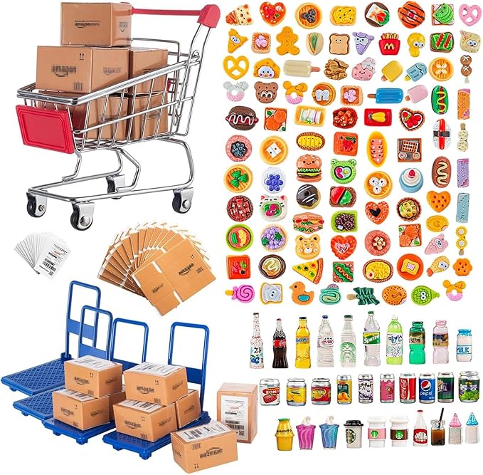 175PCS Miniature Courier Box Set Shopping Mall Shipping Boxes Mini Supermarket Handcart Models 1:12 Food Drink Bottles Cans Dollhouse Pretend Play Kitchen Game Party Accessories Toys Doll House