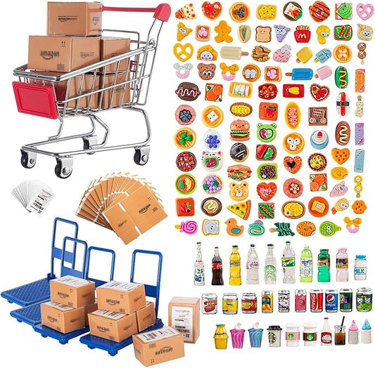 175PCS Miniature Courier Box Set Shopping Mall Shipping Boxes Mini Supermarket Handcart Models 1:12 Food Drink Bottles Cans Dollhouse Pretend Play Kitchen Game Party Accessories Toys Doll House
