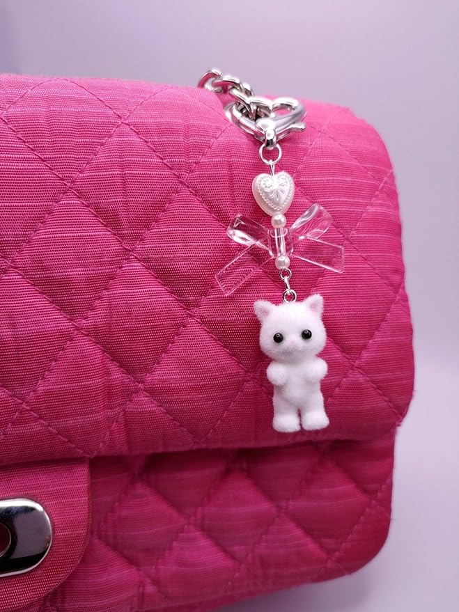 Agromusk Cute Kitty Keychain, Fuzzy Cat Decor Gifts, Y2K Heart Bow Pendent Women Girls Kawaii Cat Bag Charm
