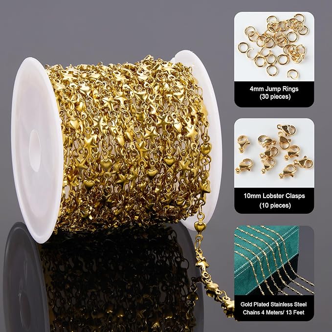 UMAOKANG 13 Feet Gold Plated Chain for Jewelry Making Stainless Steel Star Heart Chain on Spool with Jump Rings and Lobster Clasps