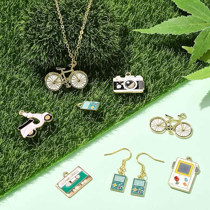 Stiesy 30 Pcs 3 Styles Enamel Vintage Charms Retro Bicycle Motorbike Camera Game Machine Metal Charm Bulk for Jewelry Making Crafts Bracelets Necklace Earring DIY Presents