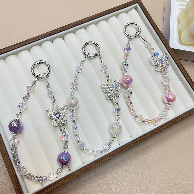 Crystal Butterfly Phone Charm, Pink Pearl Beaded Lanyard, Bling Shiny Wrist Strap Keychain for Purse Bags Car keys Earphones
