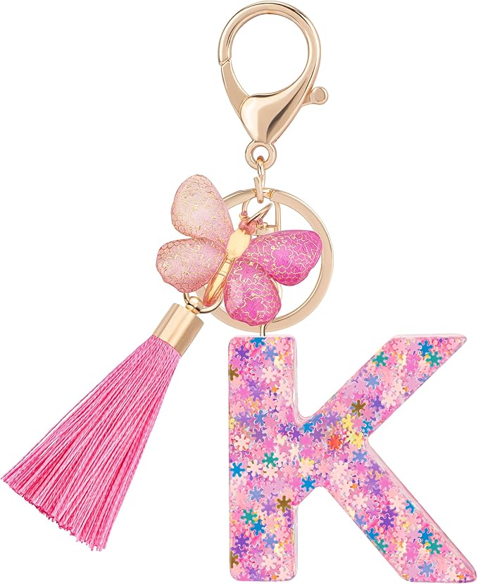 Suweibuke Cute Pink Key Chains for Women Girls, Initial Letter Keychains with Tassel, Charms for Key Purse Handbags Backpacks