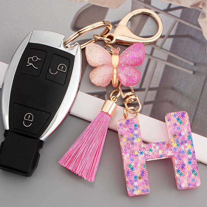 Suweibuke Cute Pink Key Chains for Women Girls, Initial Letter Keychains with Tassel, Charms for Key Purse Handbags Backpacks