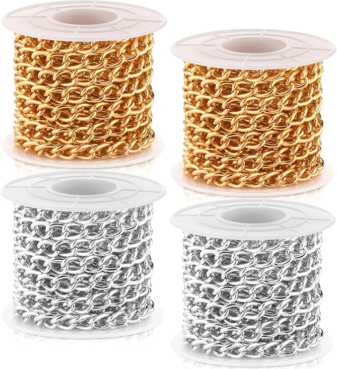 Jadive 4 Rolls 39.4 Feet Aluminium Necklace Chains 6.5 mm Twisted Links Spool Chain Jewelry Making Chains for Bracelet Necklace Jewelry Making(Silver, Gold)