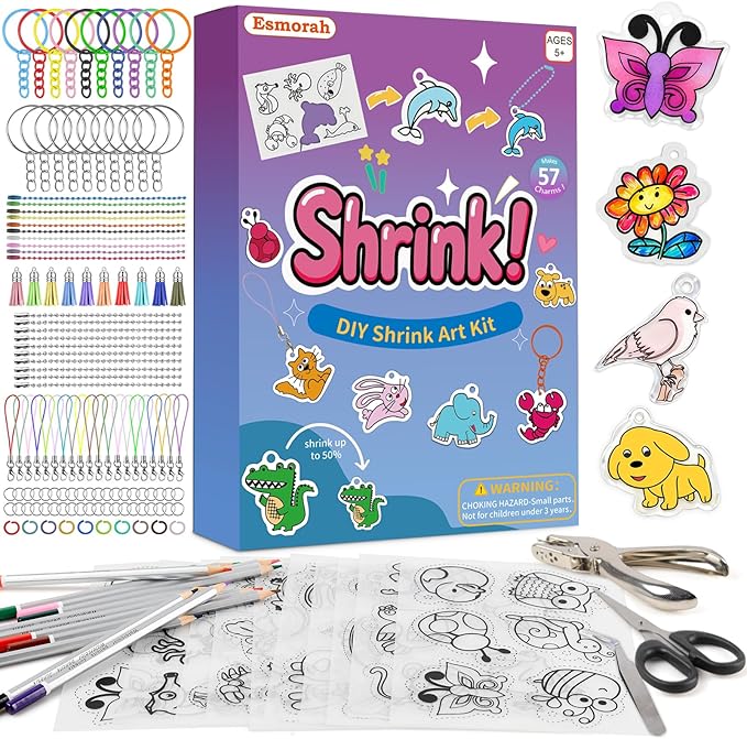 205PCS Shrink Dink Sheets Keychain Kit, Shrink Plastic Sheets with 10 Pre-Printed Shrinking Paper, 12 Colored Pencils, Scissors, Hole Punch & 181PCS Accessories for Kids Craft Supplies, Christmas Gift