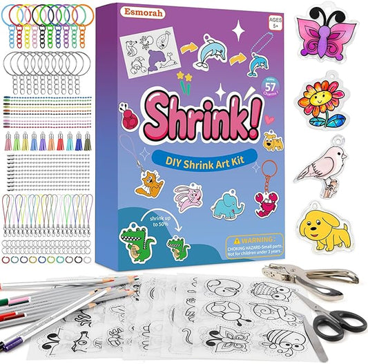 205PCS Shrink Dink Sheets Keychain Kit, Shrink Plastic Sheets with 10 Pre-Printed Shrinking Paper, 12 Colored Pencils, Scissors, Hole Punch & 181PCS Accessories for Kids Craft Supplies, Christmas Gift