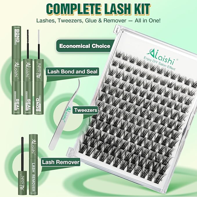 AILAISHI Lash Clusters Kit, DIY 3D Cluster Eyelash Extensions 10‑18mm,144pcs Fluffy D Curl Soft Natural Lashes with Bond and Seal,Remover,Tweezers–Fake Cat Eye Wispy Individual Clusters MIX1-3-L