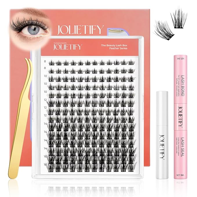 JOLIETIFY Lash Extension Kit, Natural Style, Spiky Wispy Faux Mink 8-16mm Clusters, Medium Glam Look, Soft & Fluffy, Individual Lashes with Waterproof Bond & Seal, Tweezers & Remover, Easy to Apply