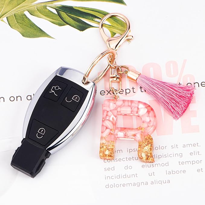 Suweibuke Cute Pink Key Chains for Women Girls, Initial Letter Keychains with Tassel, Charms for Key Purse Handbags Backpacks
