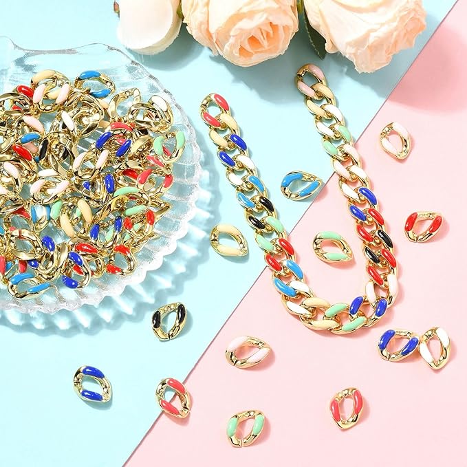 LiQunSweet 135 pcs 9 Colors Oval ABS Plastic Twisted Linking Rings Chains UV Plating Colorful Rainbow Oval Quick Link Connector Chain for DIY Jewelry Making Craft Decoration