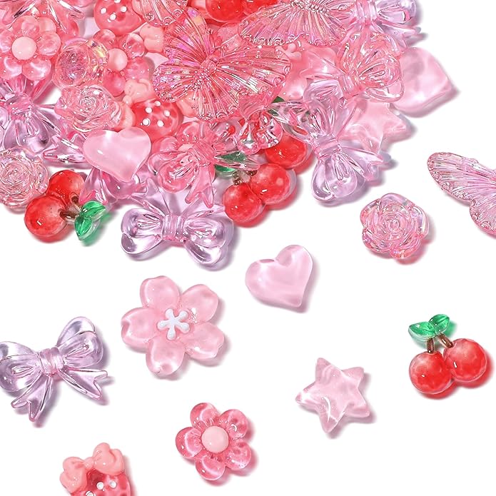 Pink Junk Case Charms Kit, 60 Pcs Cute Acrylic 3D Resin Charms with Cute Bow Y2K Aesthetic Bow Charm Girly Coquette DIY Craft Accessories Big Flatback Resin Decoden Charm for Crafts Jewelry Making