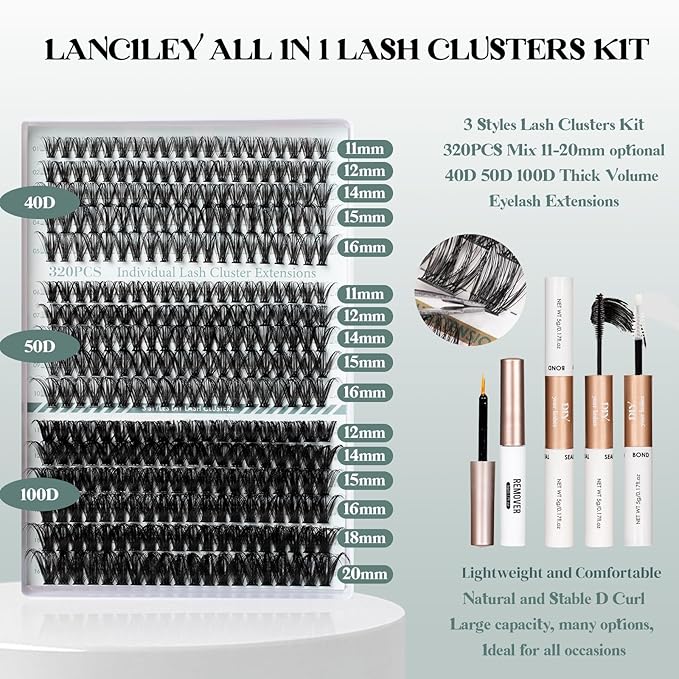 Lash Clusters Kit 320PCS 11-20MM 40D 50D 100D Thick Volume Cluster Eyelash Extensions Natural Volume Lashes D Curly Eyelashes DIY Lash Extension Kit with Lash Bond + Seal + Remover + Tweezers-3