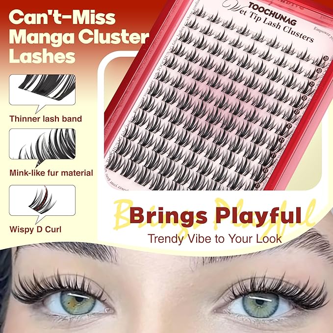 Manga Lash Clusters Natural Eyelash Clusters Wispy Spiky Cluster Eyelash Extensions Fairy Lash Extensions Anime D-Curly Individual Lashes 10-16mm Thin Band Lashes Clusters by TOOCHUNAG