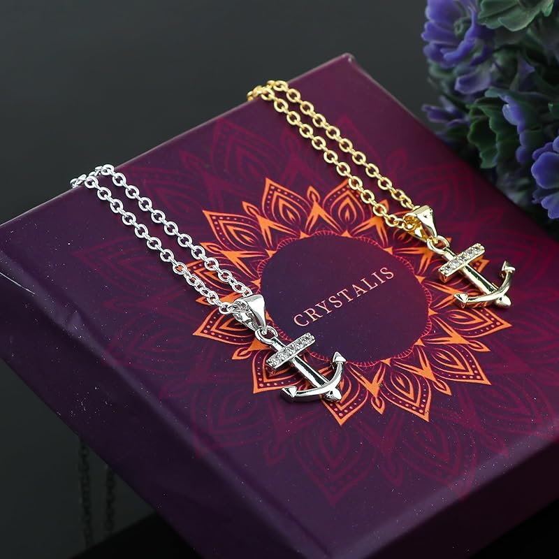 JOR Anchor Charm Pendant Necklace, CZ, Women Jewelry, Dainty Gold & Silver Plated Combo Chain 18 inch (Pack of 2)