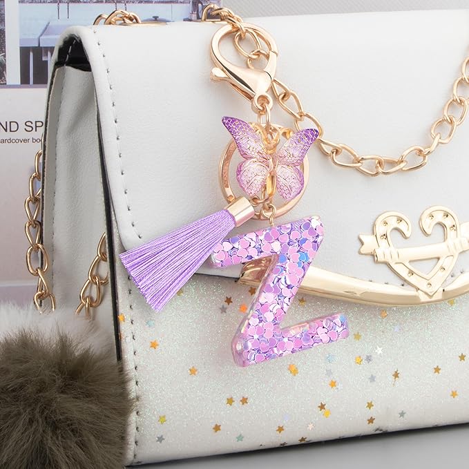 Initial letter Keychains for Women Girls Tassel Butterfly Cute Keychain for Wallet Backpack charm