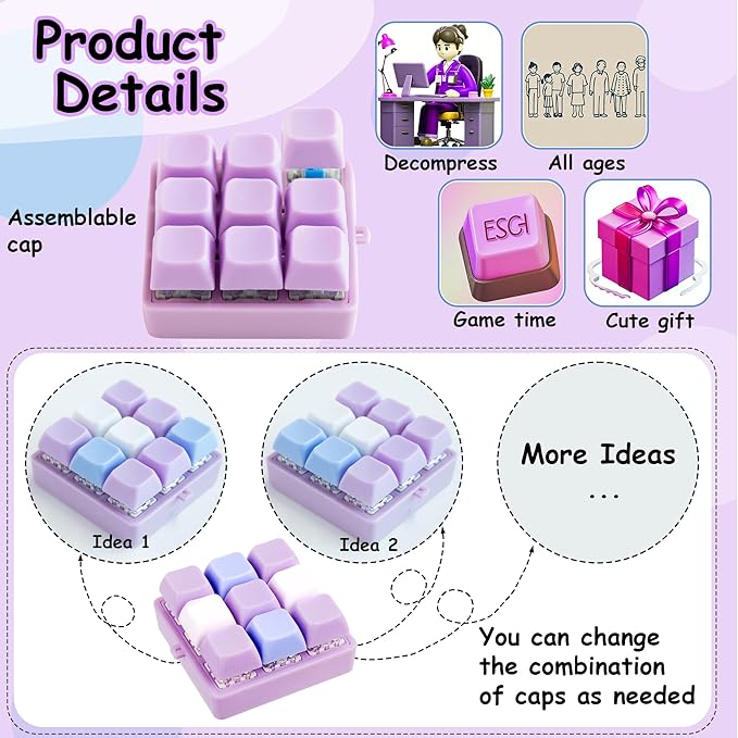 2 Pack 9 in 1 Keyboard Fidget Toy, Keyboard Fidget Keychain Anti-Stress Keyboard Decompression Button Finger Clicker Toys Stress Relief Fidget Gifts (Mix Purple)