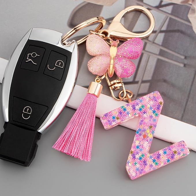 Suweibuke Cute Pink Key Chains for Women Girls, Initial Letter Keychains with Tassel, Charms for Key Purse Handbags Backpacks
