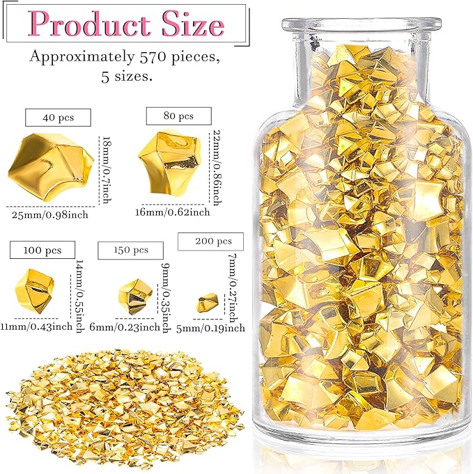 Syhood 570 Pcs 5 Sizes Gold Fake Gems Plastic Gold Rocks Jewels Acrylic Gems Crystals Fake Ice Crushed Rocks Vase Fillers Table Scatters Birthday Decoration Wedding Display