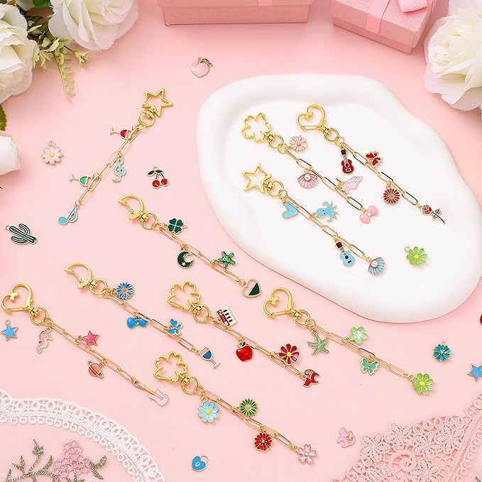 Tondiamo 241 Pcs Gold Keychain Making Kit Bulk Bag Charm Kit 100 Charms 20 Heart Shaped Star Shape Swivel Spring Clasps 100 Jump Ring 20 Extender Chain Jewelry Plier for DIY Craft Supplies Gift