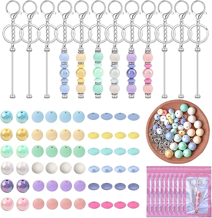 SUIMZESTI 133 Pcs Beadable Keychains Bars Set, Bulk Keychain Making Kit for Women with Spacer Acrylic Silicone Beads for Keychains Making Accessories DIY Crafts Gifts