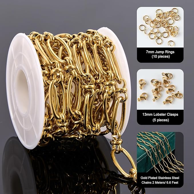 2 Meters Gold Plated Jewelry Making Chain Stainless Steel Long Oval Link Chains Bulk with Jump Rings and Lobster Clasps