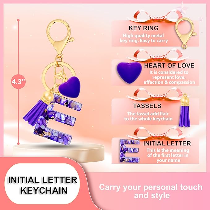 Initial Keychains for Women with Cute Heart Resin - Alphabet Letter Keychain for Bag, Backpacks, Purse or Car key