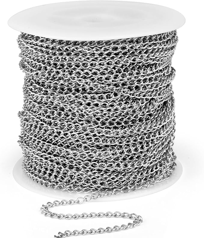 [66 Feet/ 20M] Stainless Steel Curb Chain Roll, 2.5mm 304 Stainless Steel Extension Chain Twisted Link Curb Chains Bulk for Jewelry Making Bracelet Necklace Extender