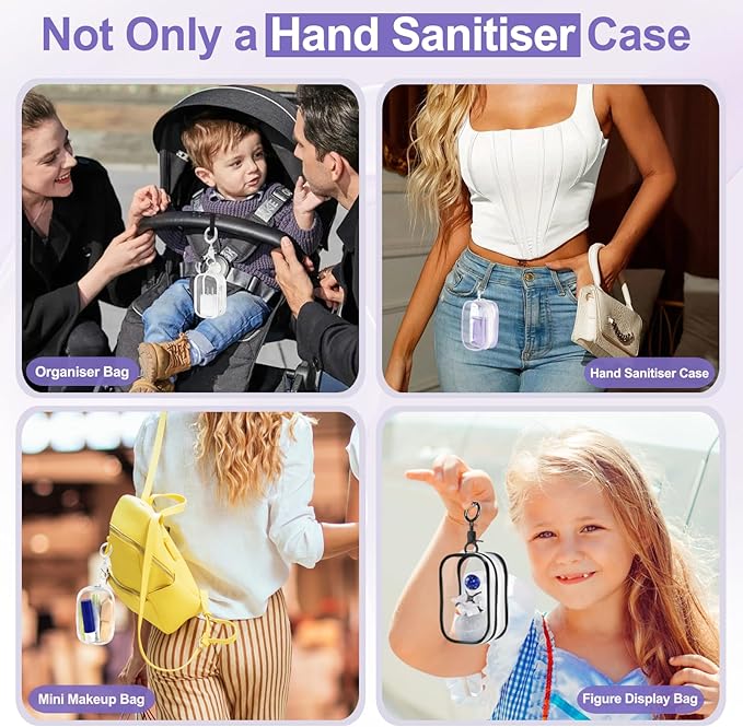 Hand Sanitizer Spray Clear Case for 1FL OZ/30ml, 3 Pack Hand Sanitizer Holder Zippered Pouch, Mini Clear Makeup Bag, Figures Display Bag, with Keychain Snap Hook (Black & White & Purple)