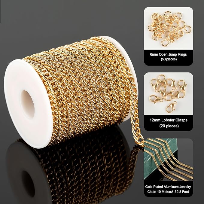 UMAOKANG 33 Feet Gold Plated Aluminum Jewelry Chains Bulk Double Curb Link Chain Roll with Jump Rings and Lobster Clasps Handmade Jewelry Craft Chain Spool