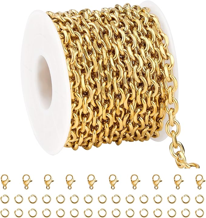 UMAOKANG 5 Meters Gold Cable Chain for Jewelry Making Stainless Steel Bulk Chains on Spool with Jump Rings and Lobster Clasps