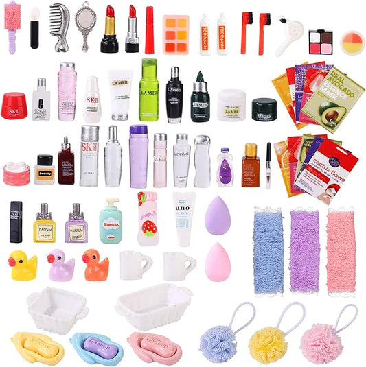 DIYDEC 75Pcs Dollhouse Mini Jewelry Storage Case Miniature Bathroom Accessories Figurines with Makeup Set Towel Cosmetic Toothbrush Shampoo Perfume Hair Dryer Comb Purse Doll Backpack Micro Scene