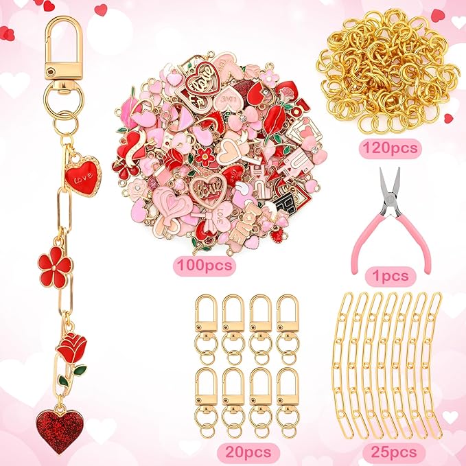Tondiamo 286 Pieces Galentines Day Keychain Making Kit Gift Valentine's Day DIY Craft Red Pink Heart Love Bag Charms for Keychain Jewelry Making for Friends Women Adults